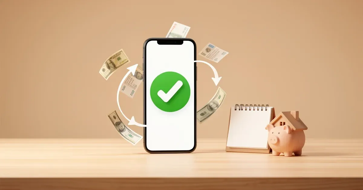 Celular com um sinal de confirmado na tela, cercado por contas girando em ciclo, ao lado de um calendário e um cofrinho