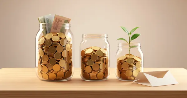 Três potes de vidro com moedas em quantidades decrescentes, e uma planta brotando no menor