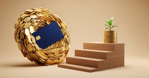 Cartão de crédito preso num redemoinho de moedas e uma escada de degraus que leva a uma pilha de moedas com uma planta